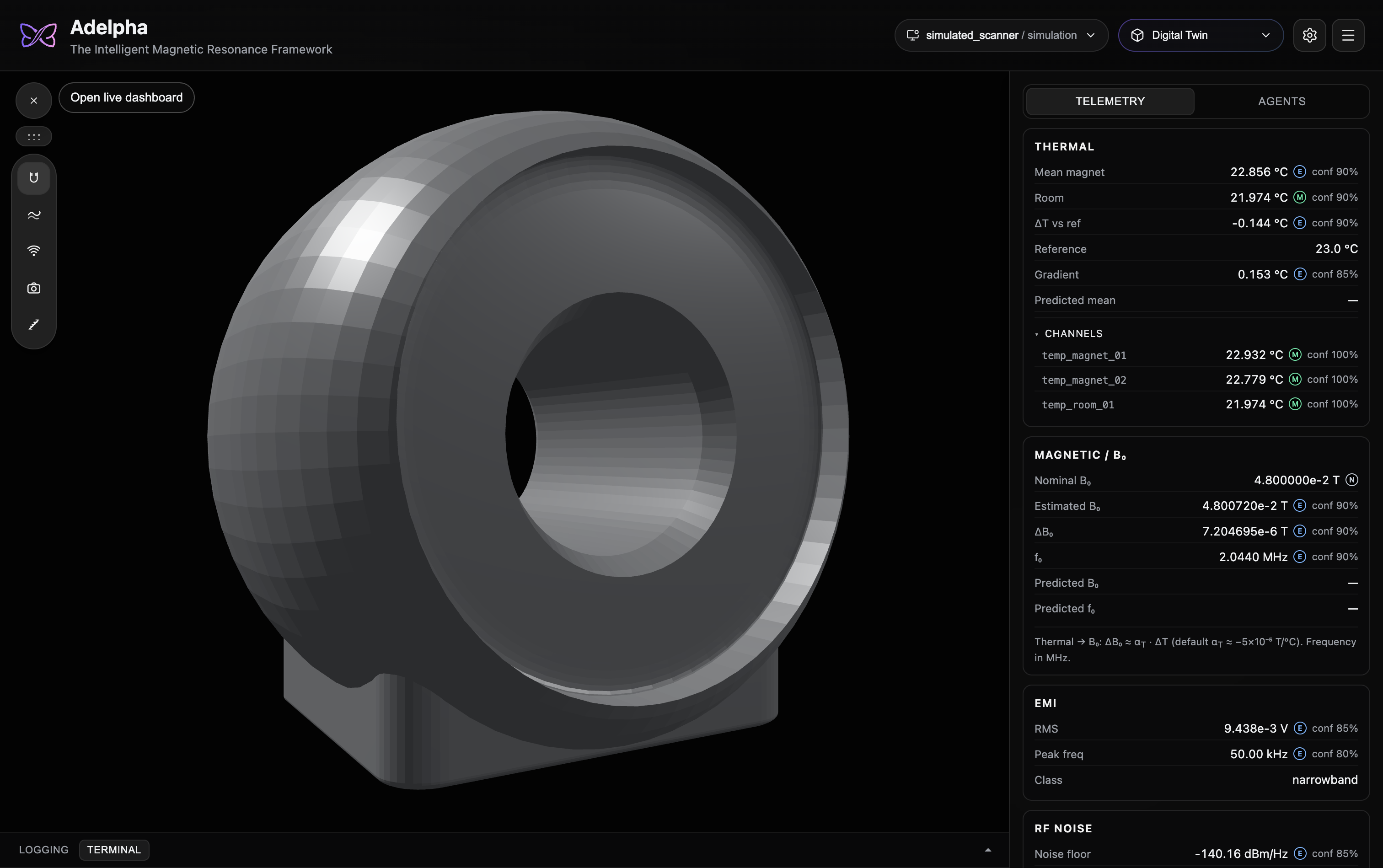 Adelpha Digital Twin workspace showing the 3D scanner, the Digital Twin workspace control in the top bar, live telemetry, and the terminal.