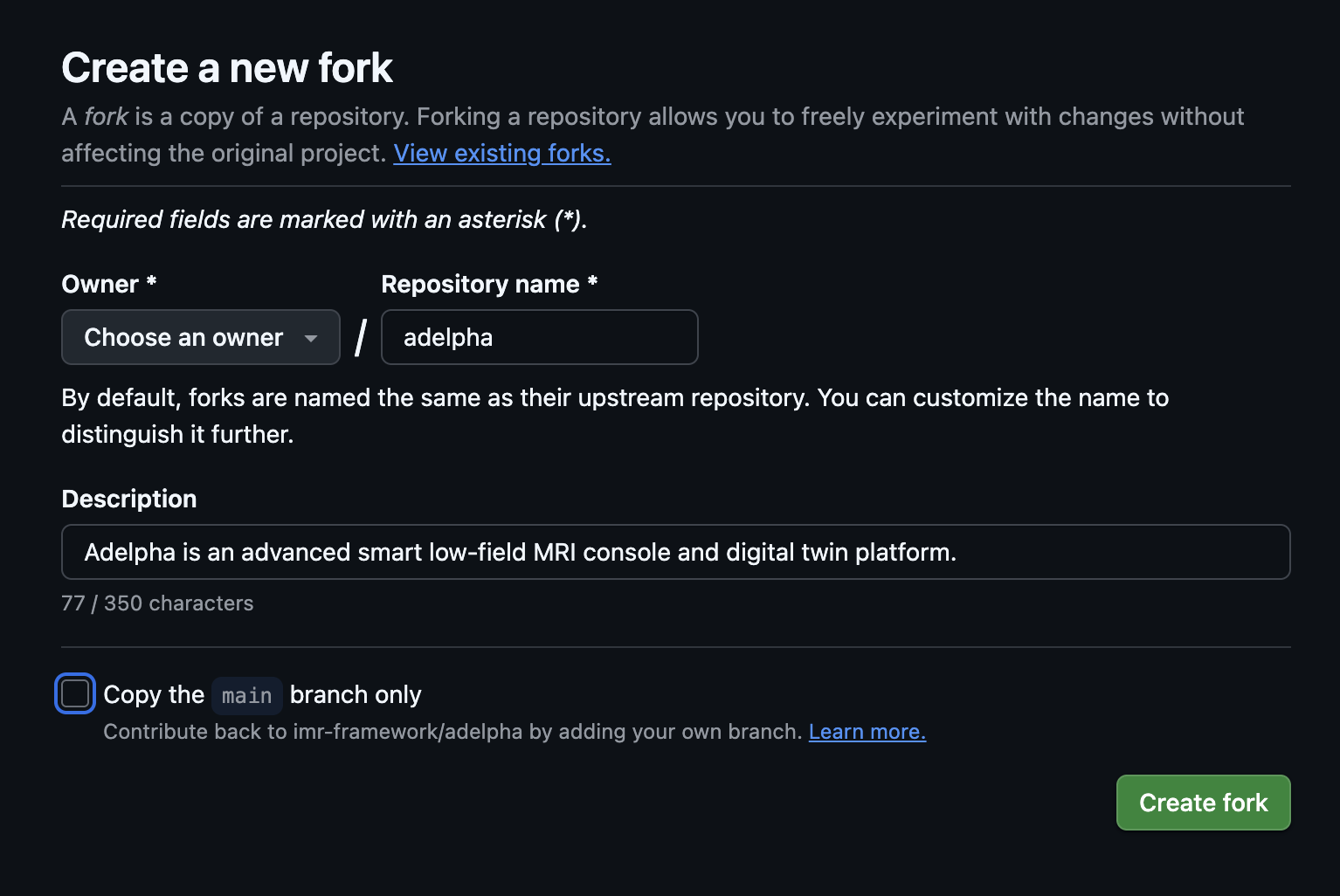 GitHub Create a new fork page with Copy the main branch only unchecked.